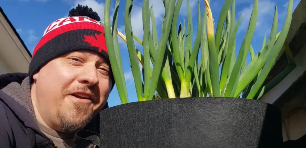 selfie of the author with green onions in his garden